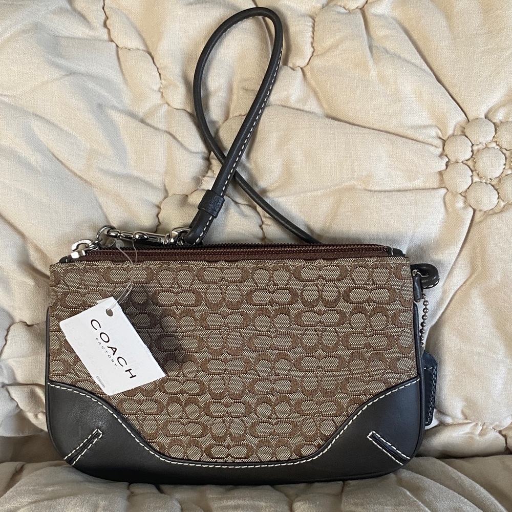 Coach Signature Tan and Brown Wristlet